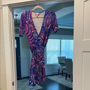 Lilly Pulitzer Pink and Blue Floral Dress size medium wrap dress vgc